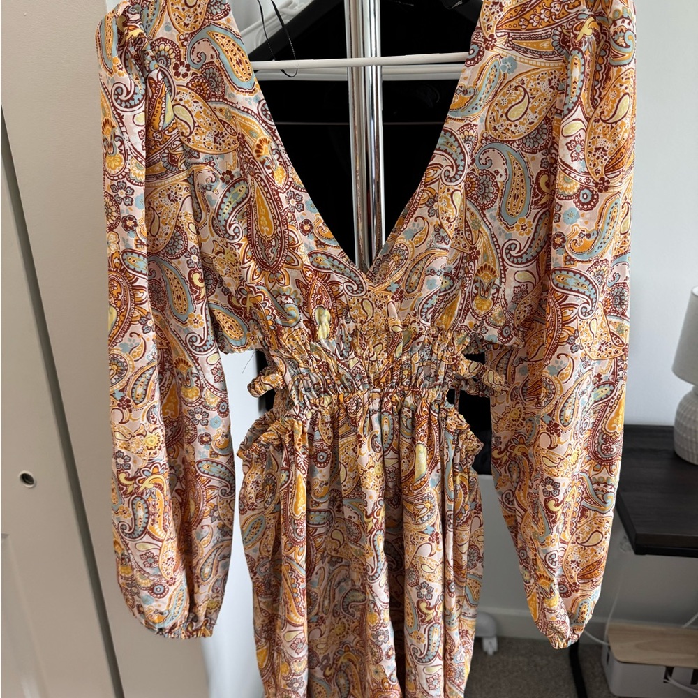 Forever 21 Brown and Orange Plunge Neck Mini Dress